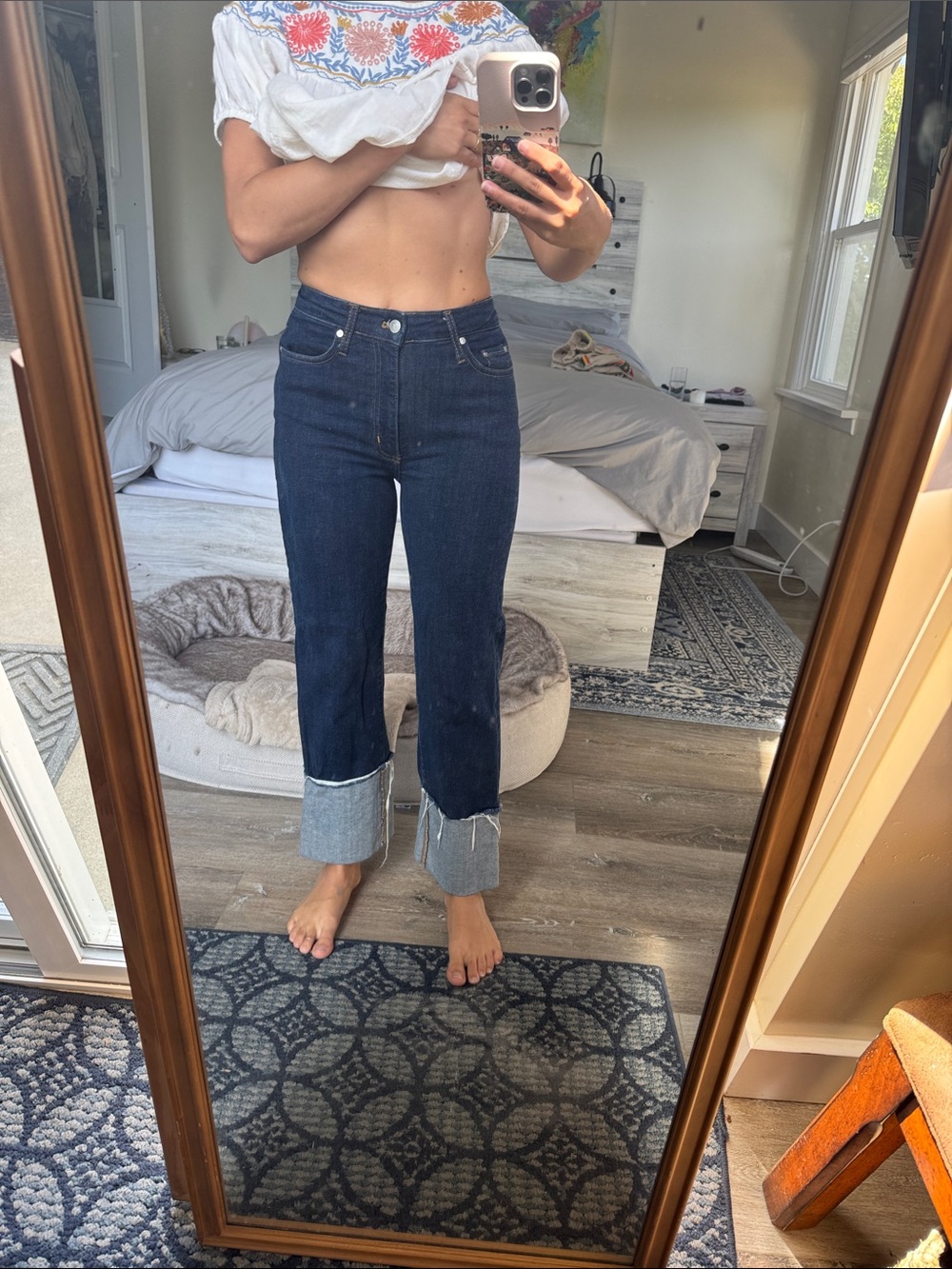 Anthropologie Dark Indigo Cuffed Straight-Leg Jeans